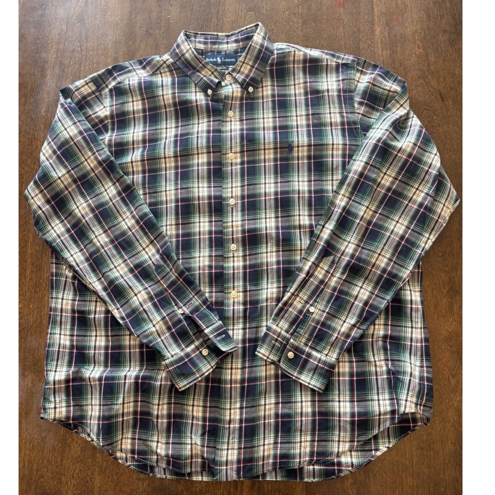 Ralph Lauren Mens XXL Classic Fit Plaid Button Down Shirt Green Navy Blue Cotton